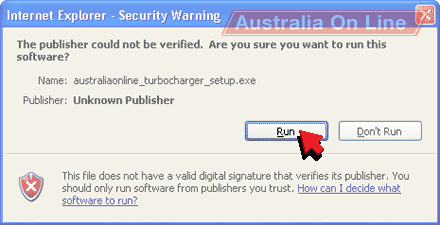 'Run' button highlighted on Internet Explorer's 'The publisher could not be verified' window. 