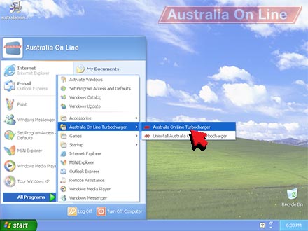 Click the 'Start' button, then 'All Programs', the 'Australia On Line Turbocharger™' menu, and the 'Australia On Line Turbocharger™' icon to run it.
