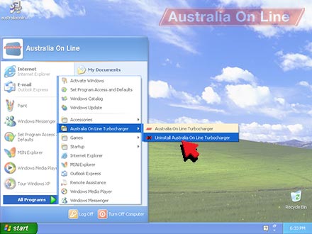 Click the 'Start' button, then 'All Programs', the 'Australia On Line Dial-up Turbocharger™' menu, and the 'Uninstall Australia On Line Dial-up Turbocharger™' icon to remove it.