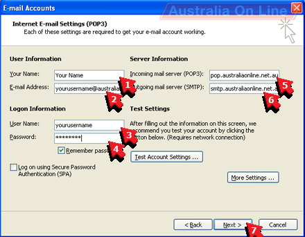 E-mail Accounts wizard Internet E-mail Settings (POP3). 