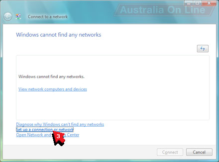 'Windows cannot find any networks' message with 'Set up a connection or network' highlighted. 