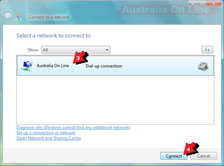 'Select a network to connect to' message with the 'Australia On Line' connection highlighted. 