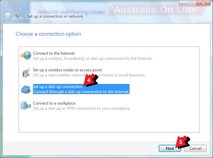 'Choose a connection option' message with 'Set up a dial-up connection' highlighted. 