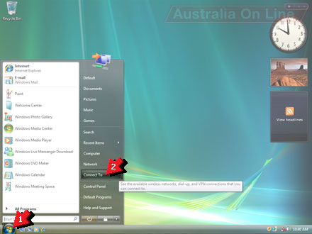 Vista Start menu with 'Connect To' highlighted. 